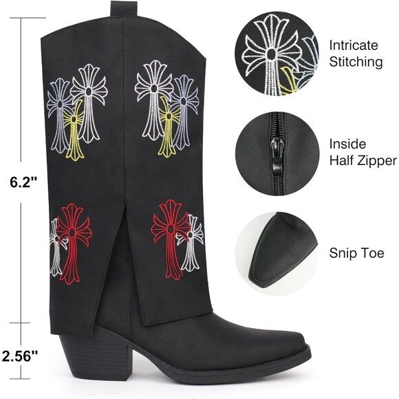 ⚡ Women Black Synthetic Cowgirl Chunky Heel Mid Calf Snip Toe Side Zip Boots - Picture 4 of 6